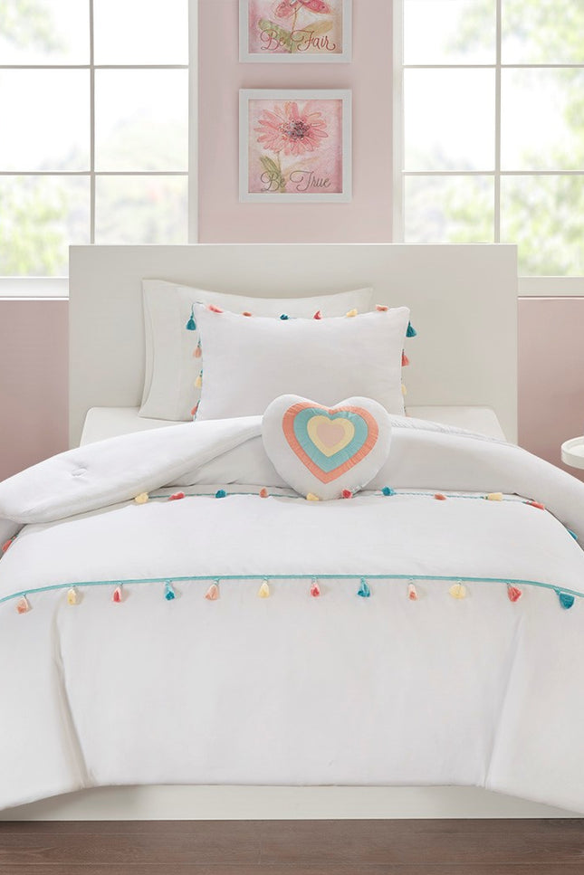 Colorful Tassels 4-Piece Kids White Comforter Set-Olliix-Urbanheer