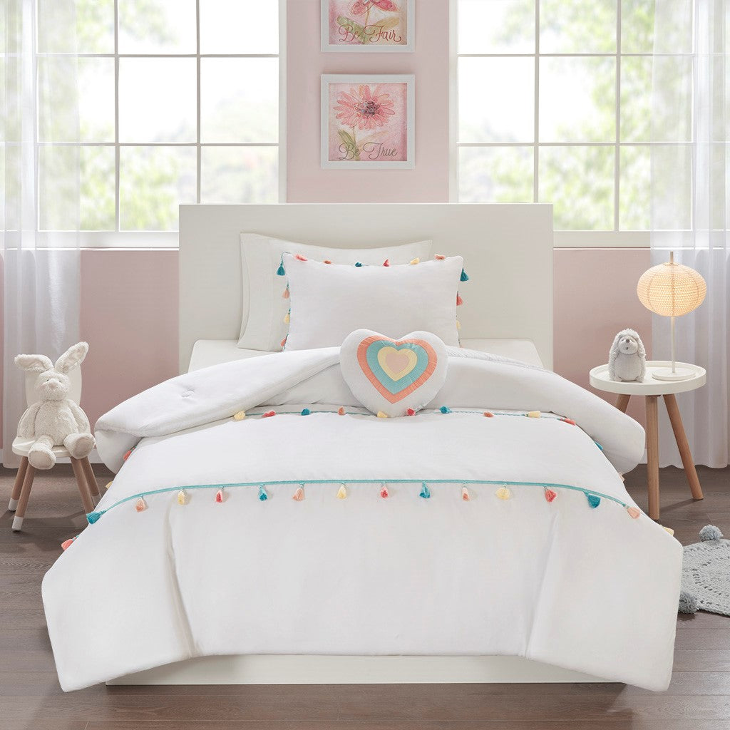 Colorful Tassels 4-Piece Kids White Comforter Set-Olliix-Twin-Urbanheer