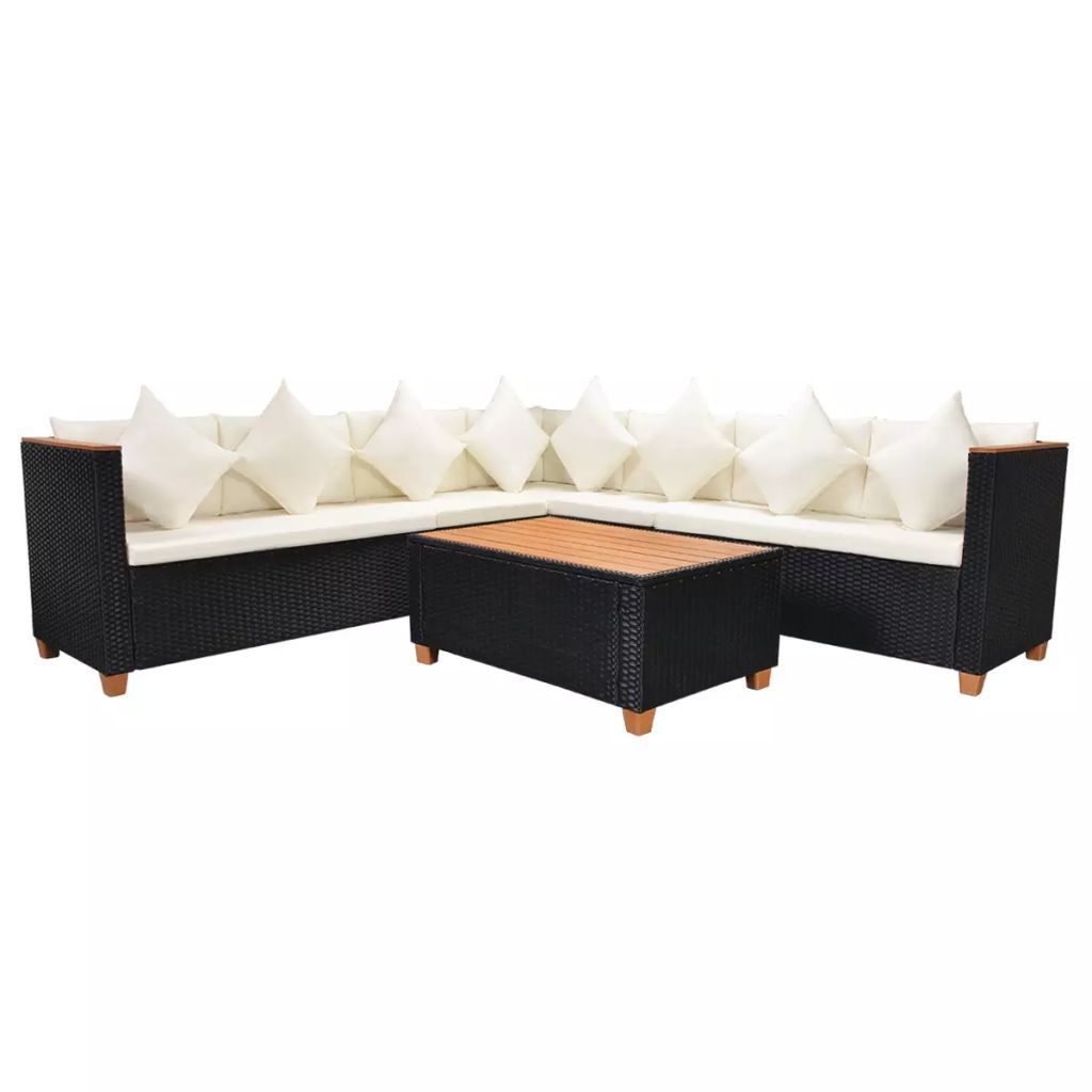 5 Piece Patio Lounge Set With Cushions Poly Rattan Black-vidaXL-Urbanheer