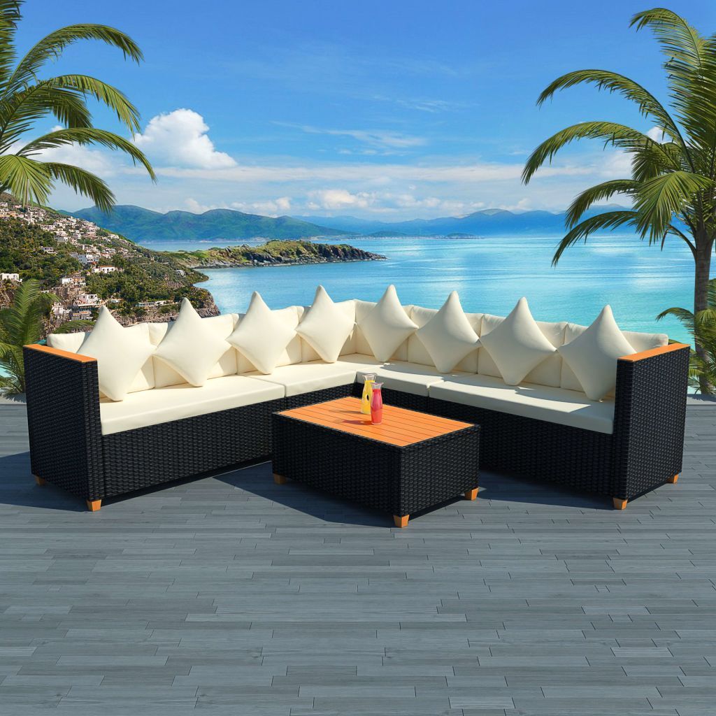 5 Piece Patio Lounge Set With Cushions Poly Rattan Black-vidaXL-Urbanheer