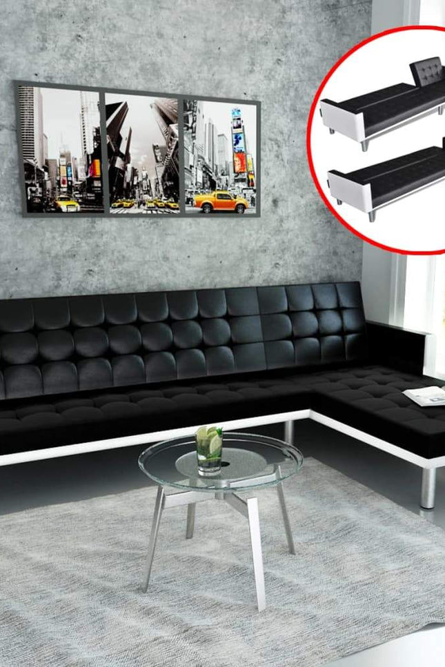 L-Shaped Sofa Bed Artificial Leather Lounge Couch Seat Black/White-vidaXL-Black-Urbanheer