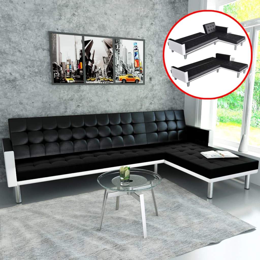 L-Shaped Sofa Bed Artificial Leather Lounge Couch Seat Black/White-vidaXL-Black-Urbanheer