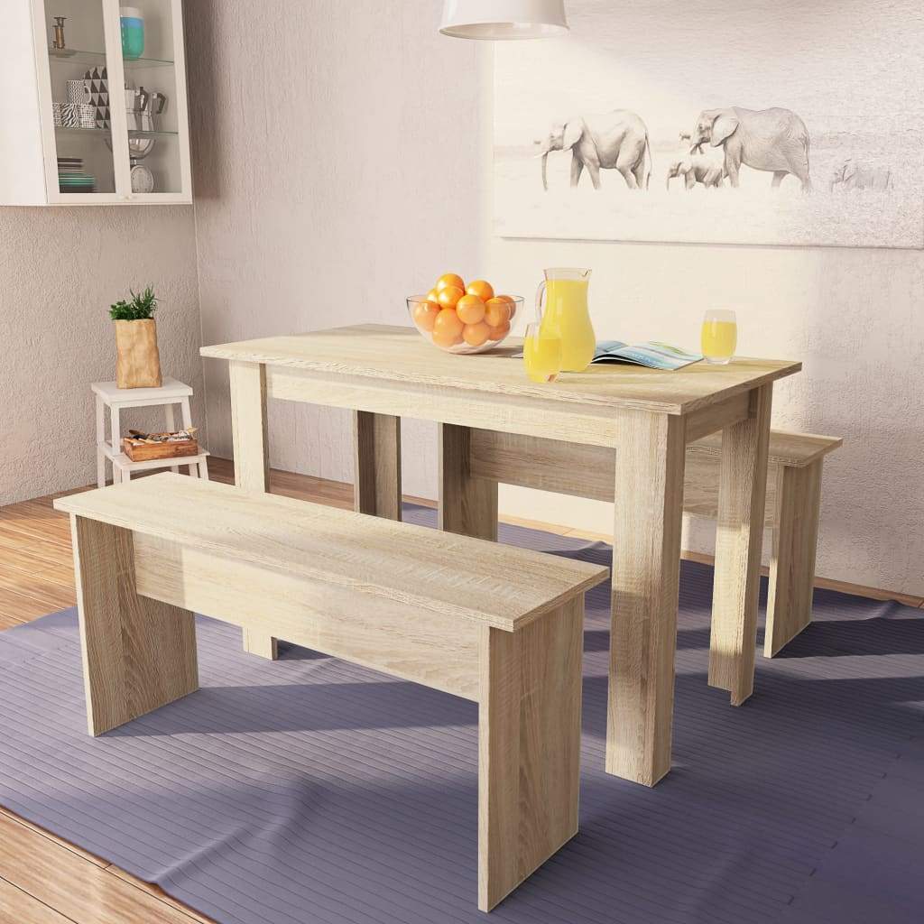 Dining Table And Benches 3 Pieces Chipboard Dining Room Set Oak/White-vidaXL-Oak-Urbanheer