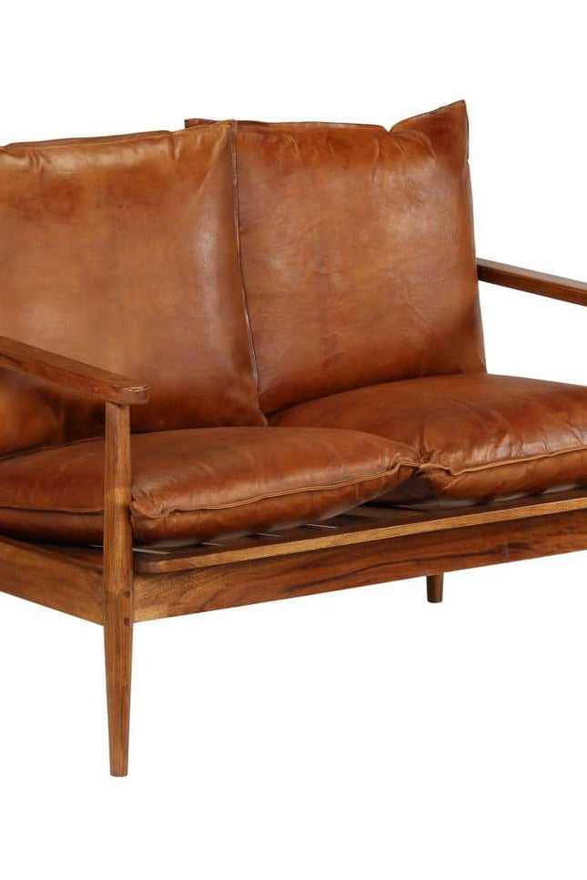 2-Seater Sofa Real Leather With Acacia Wood Brown