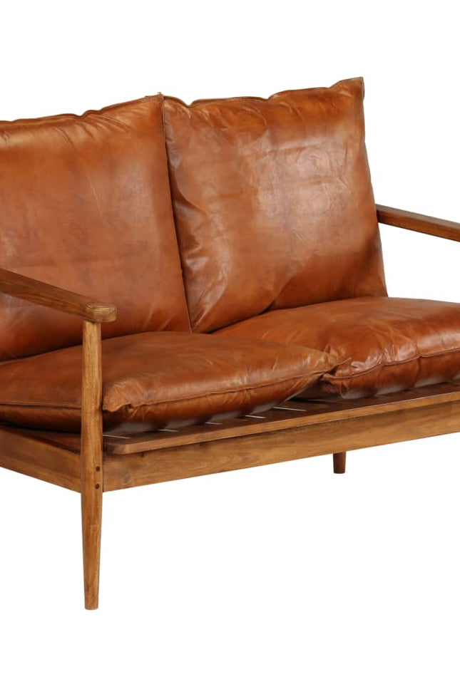 2-Seater Sofa Real Leather With Acacia Wood Brown