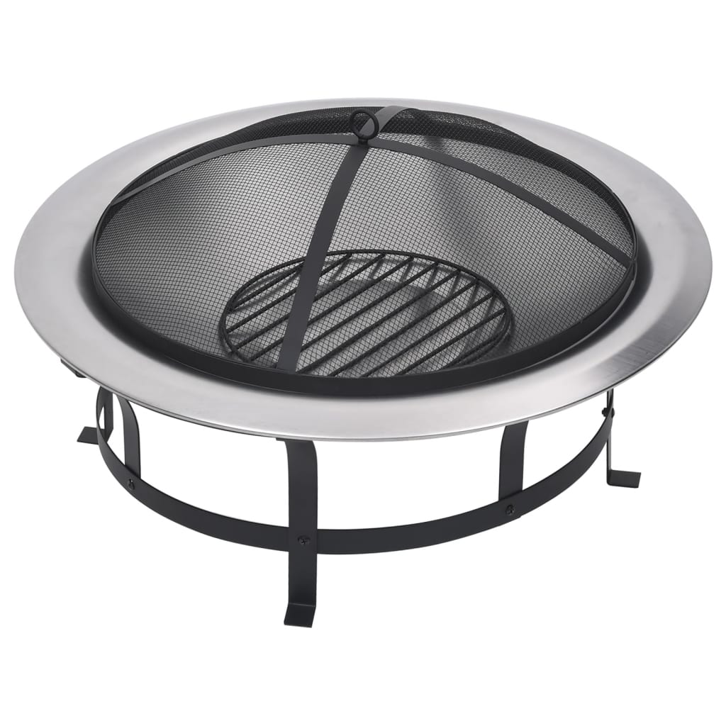 Outdoor Fire Pit With Grill Stainless Steel 29.9"-vidaXL-Urbanheer