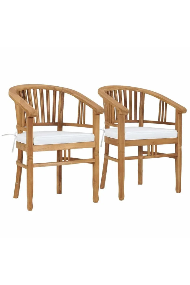 2X Solid Teak Wood Garden Chairs With White/Gray Cushions Outdoor Seat