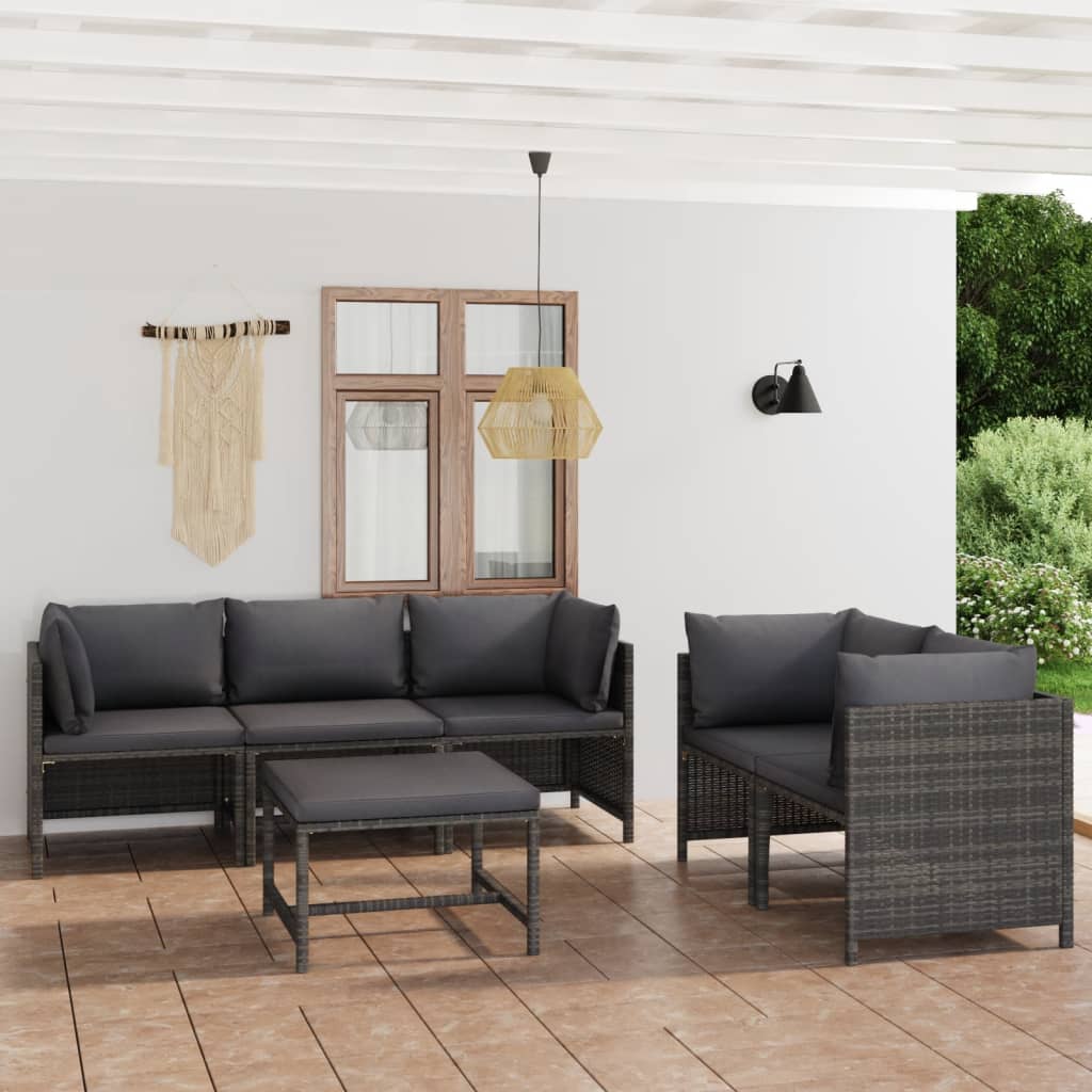 Vidaxl 6 Piece Patio Lounge Set With Cushions Poly Rattan Gray-Furniture > Outdoor Furniture > Outdoor Furniture Sets-vidaXL-Urbanheer