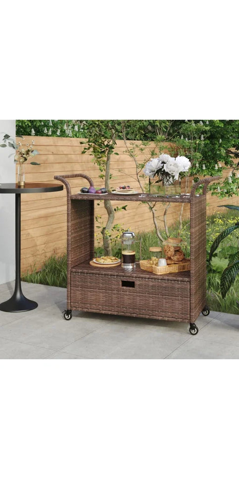Bar Cart With Drawer Poly Rattan Garden Serving Trolley Multi Colors