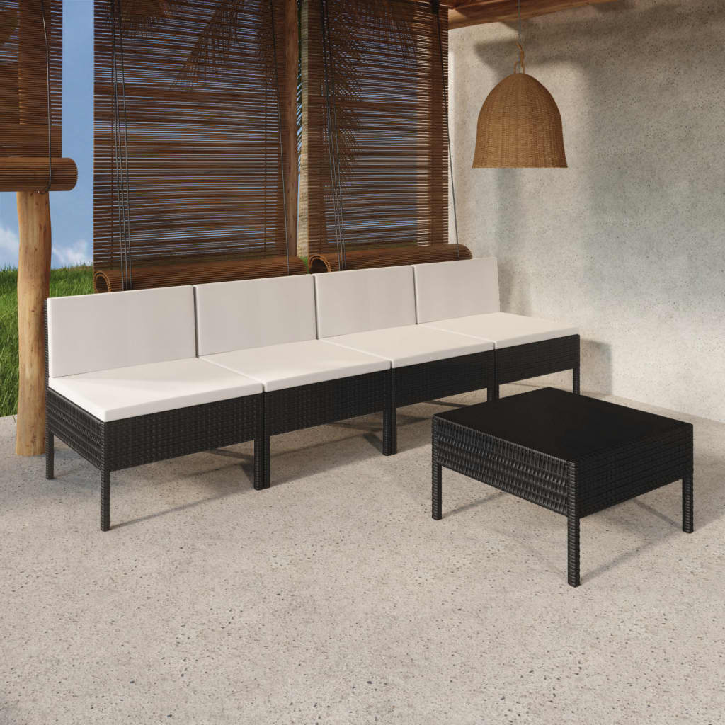 5 Piece Patio Lounge Set With Cushions Poly Rattan Black-vidaXL-Urbanheer