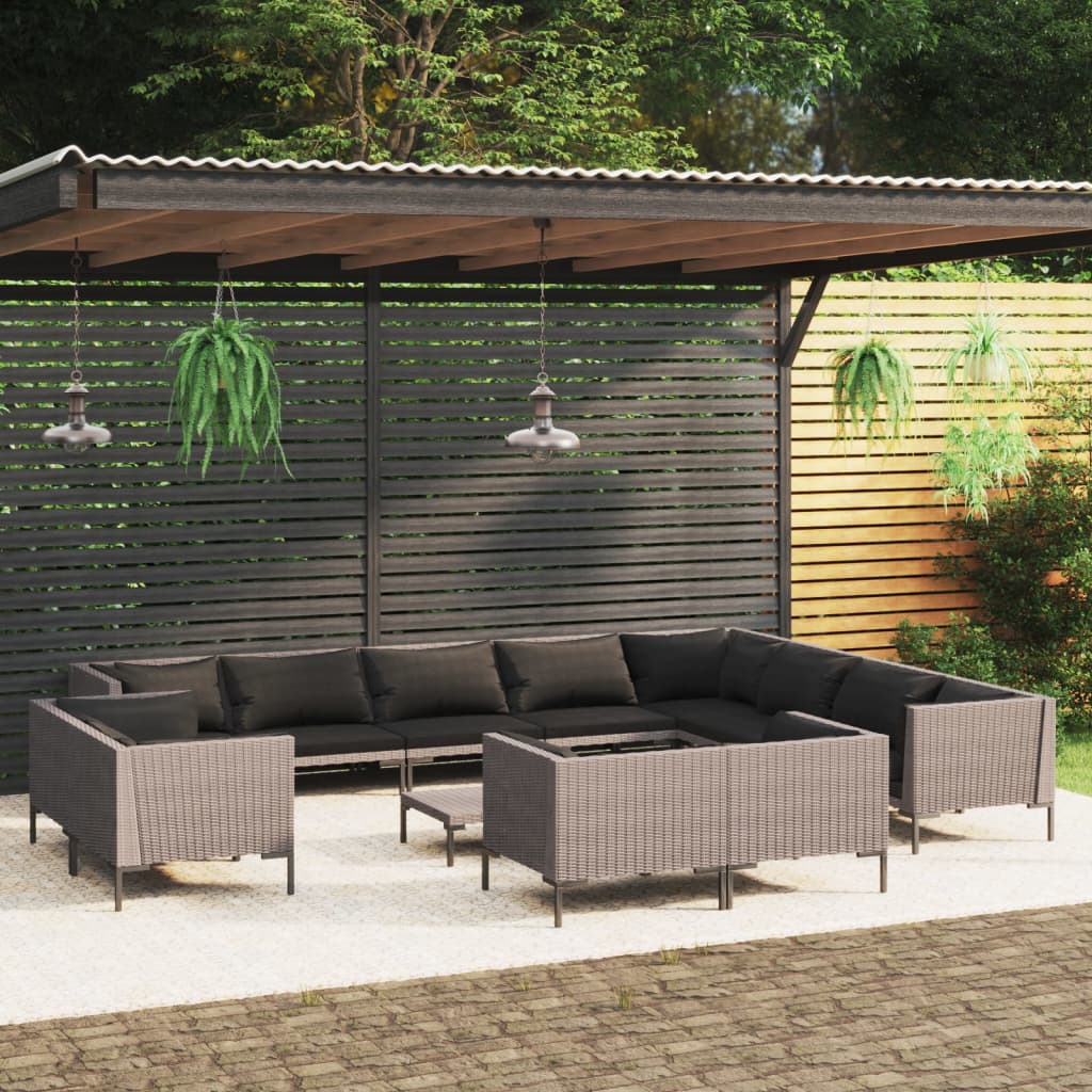 Vidaxl 13 Piece Patio Lounge Set With Cushions Poly Rattan Dark Gray-Furniture > Outdoor Furniture > Outdoor Furniture Sets-vidaXL-Urbanheer