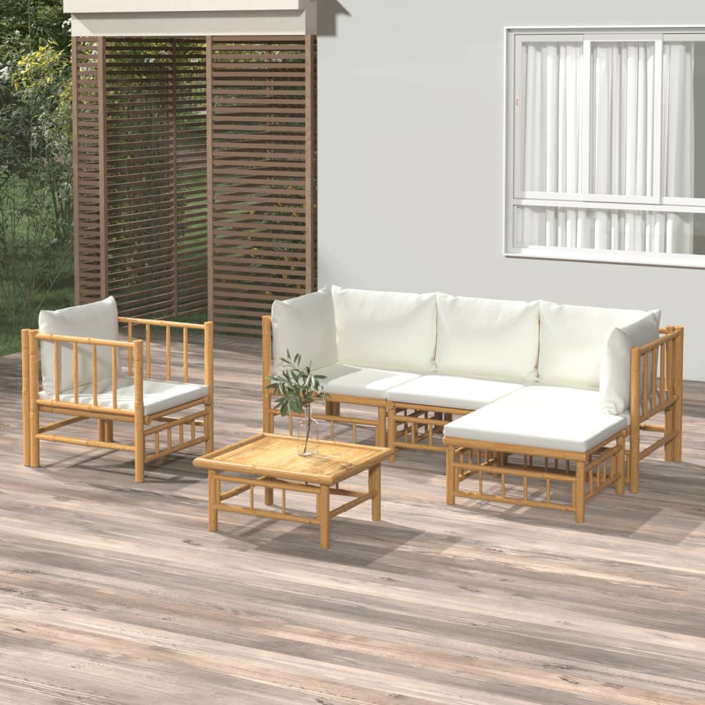 Vidaxl 6 Piece Patio Lounge Set With Cream White Cushions Bamboo-Furniture > Outdoor Furniture > Outdoor Furniture Sets-vidaXL-Urbanheer