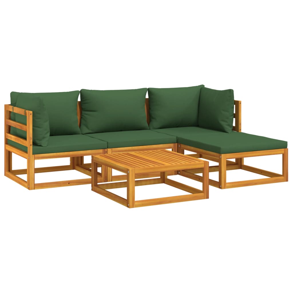 Vidaxl 5 Piece Patio Lounge Set With Green Cushions Solid Wood-Furniture > Outdoor Furniture > Outdoor Furniture Sets-vidaXL-Urbanheer