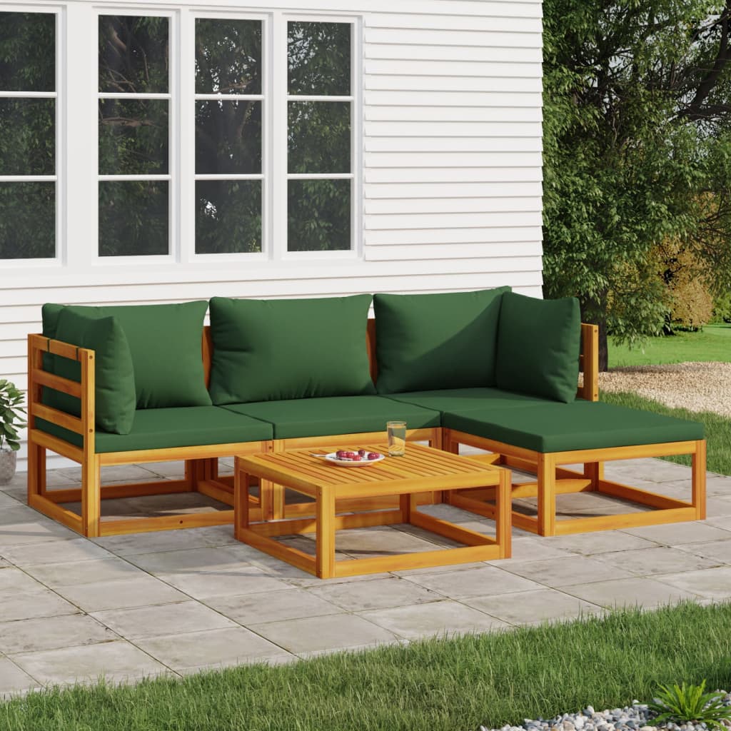 Vidaxl 5 Piece Patio Lounge Set With Green Cushions Solid Wood-Furniture > Outdoor Furniture > Outdoor Furniture Sets-vidaXL-Urbanheer
