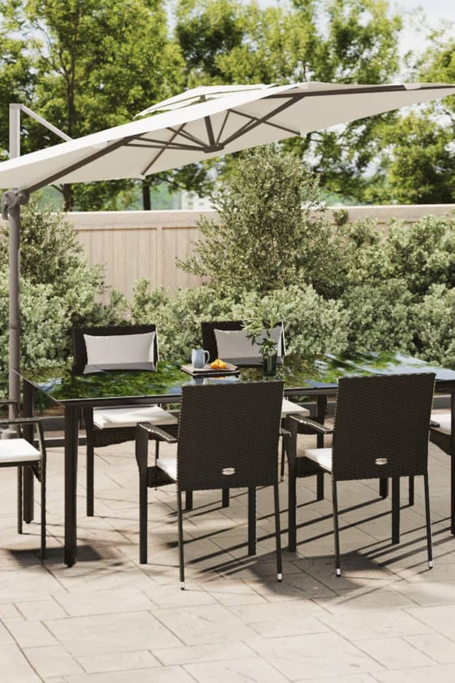 Vidaxl 7 Piece Patio Dining Set With Cushions Black Poly Rattan-Furniture > Outdoor Furniture > Outdoor Furniture Sets-vidaXL-Gray-78.8" table length/ 9 piece-Urbanheer