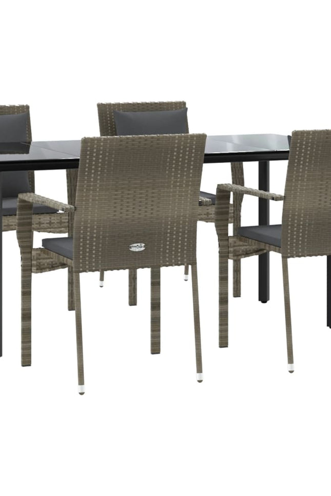 Vidaxl 7 Piece Patio Dining Set With Cushions Black Poly Rattan-Furniture > Outdoor Furniture > Outdoor Furniture Sets-vidaXL-Gray-63" table length/ 5 piece-Urbanheer