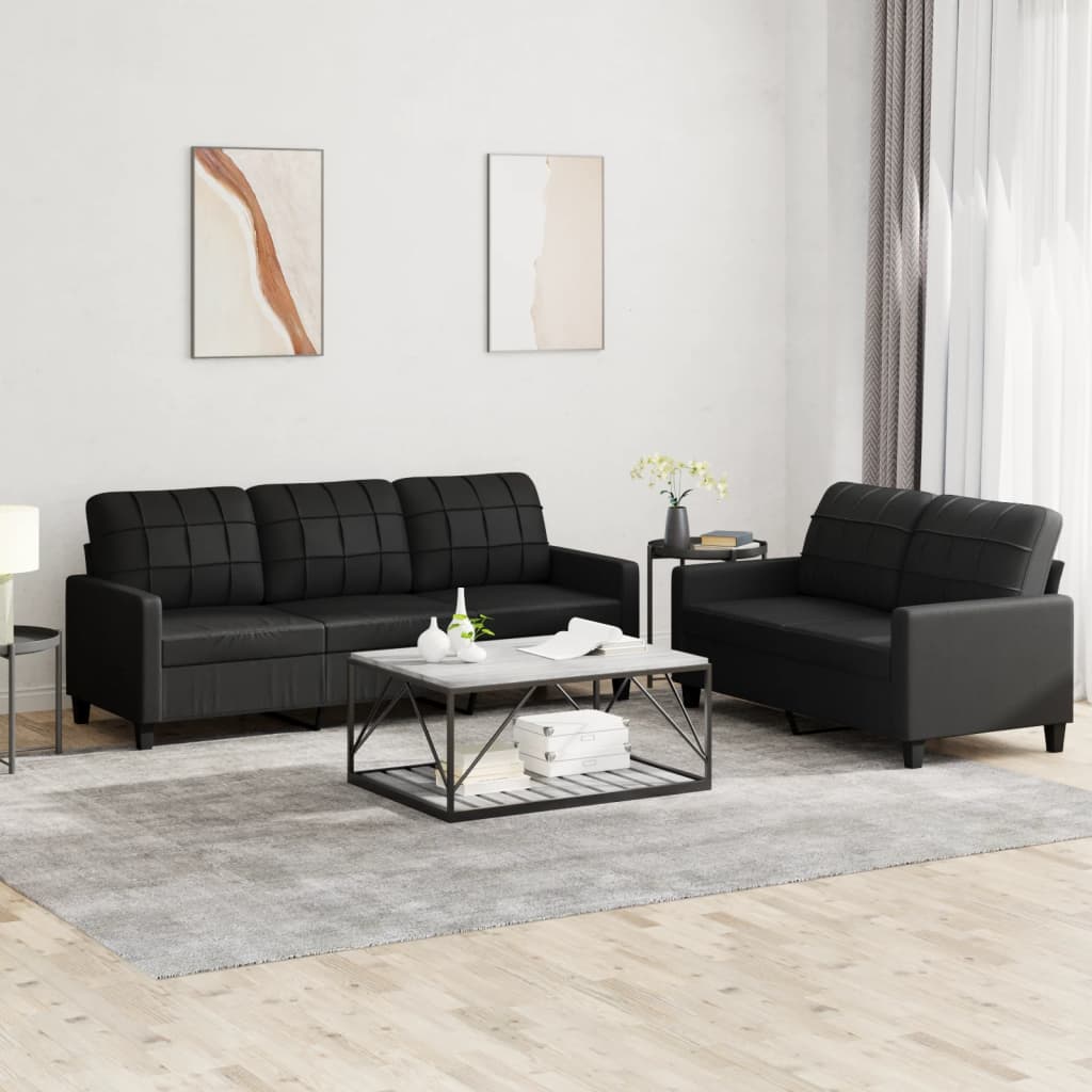 Vidaxl 2 Piece Sofa Set With Cushions Black Faux Leather-Furniture > Sofas-vidaXL-Urbanheer