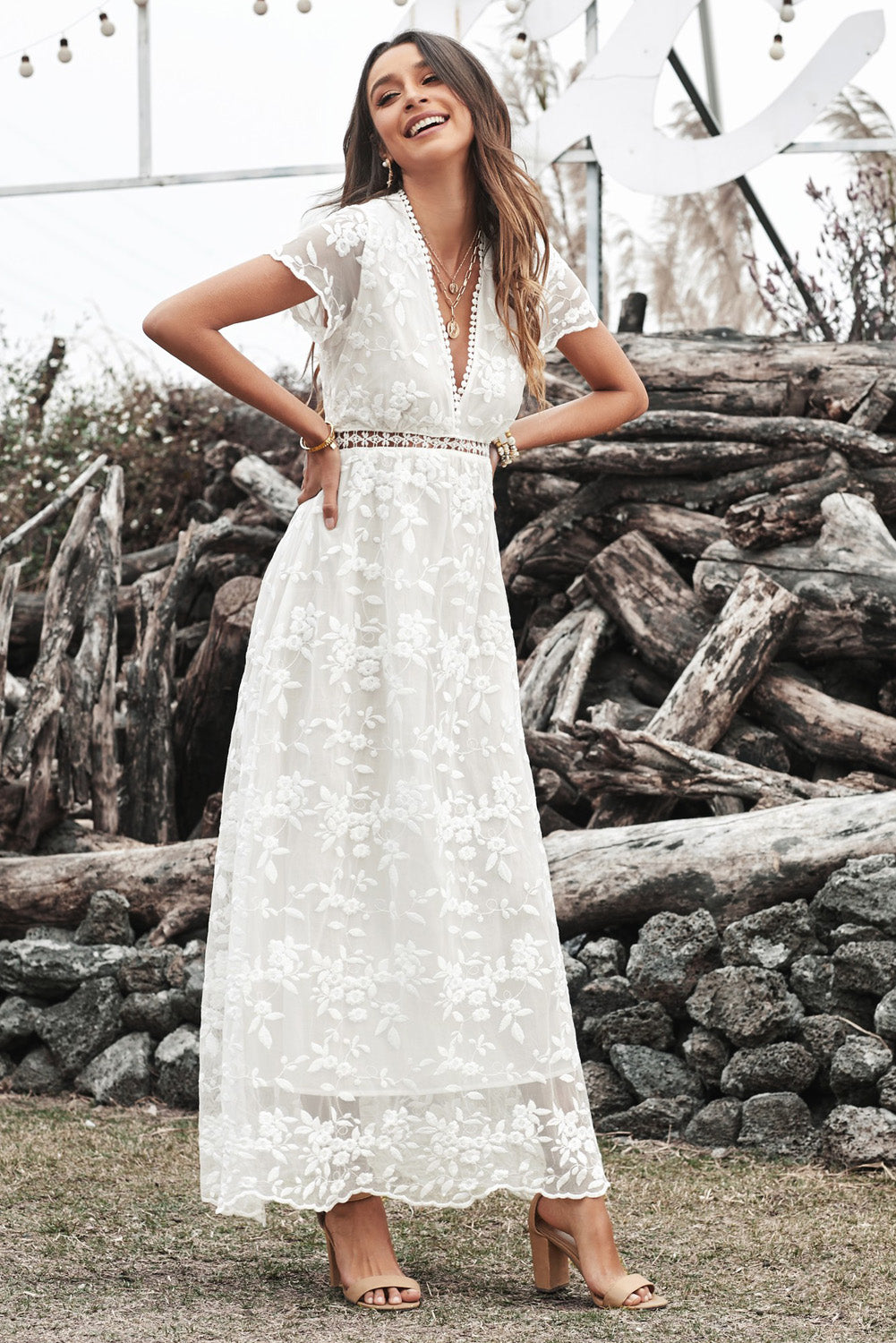 White V Neck Lace Maxi Dress-UHXC-White-(US 4-6)S-Urbanheer
