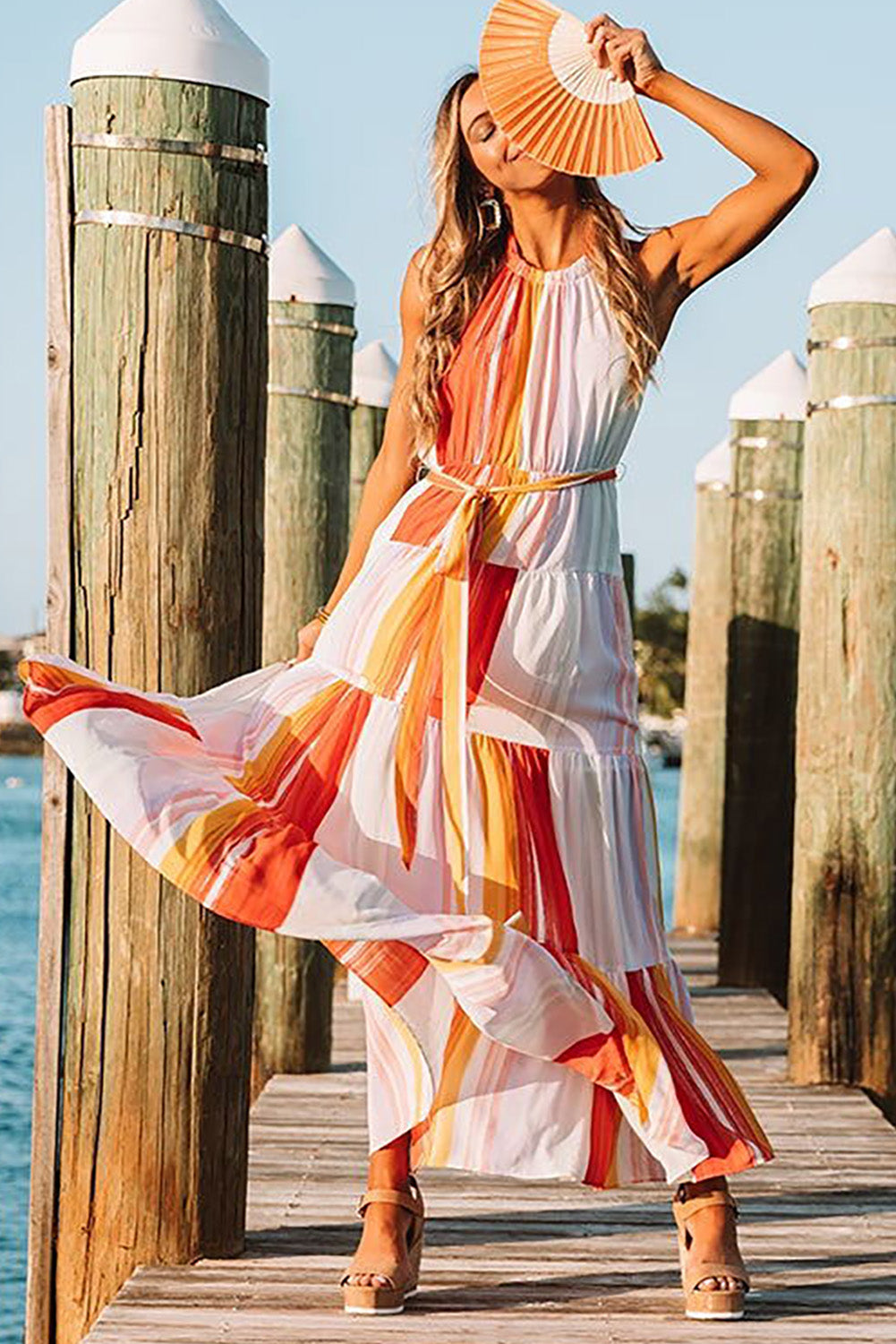 Multicolor Color Block Pleated Halter Neck Backless Maxi Dress - Multicolor / (US 12-14)L Multicolor Color Block Pleated Halter Neck Backless Maxi Dress - Multicolor / (US 12-14)L
