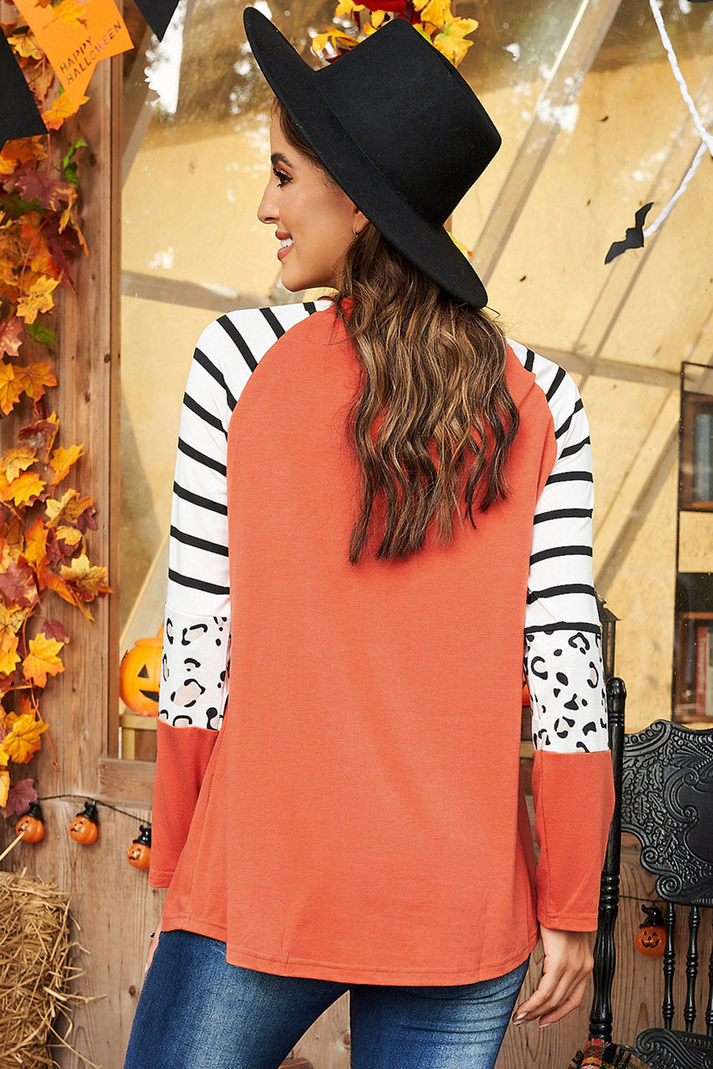 Halloween Pumpkin Stripes Leopard Long Sleeve Top-UHXC-Orange-(US 4-6)S-Urbanheer