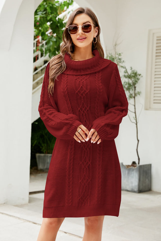 Mixed Knit Turtleneck Lantern Sleeve Sweater Dress-Collab-Wine-S-Urbanheer