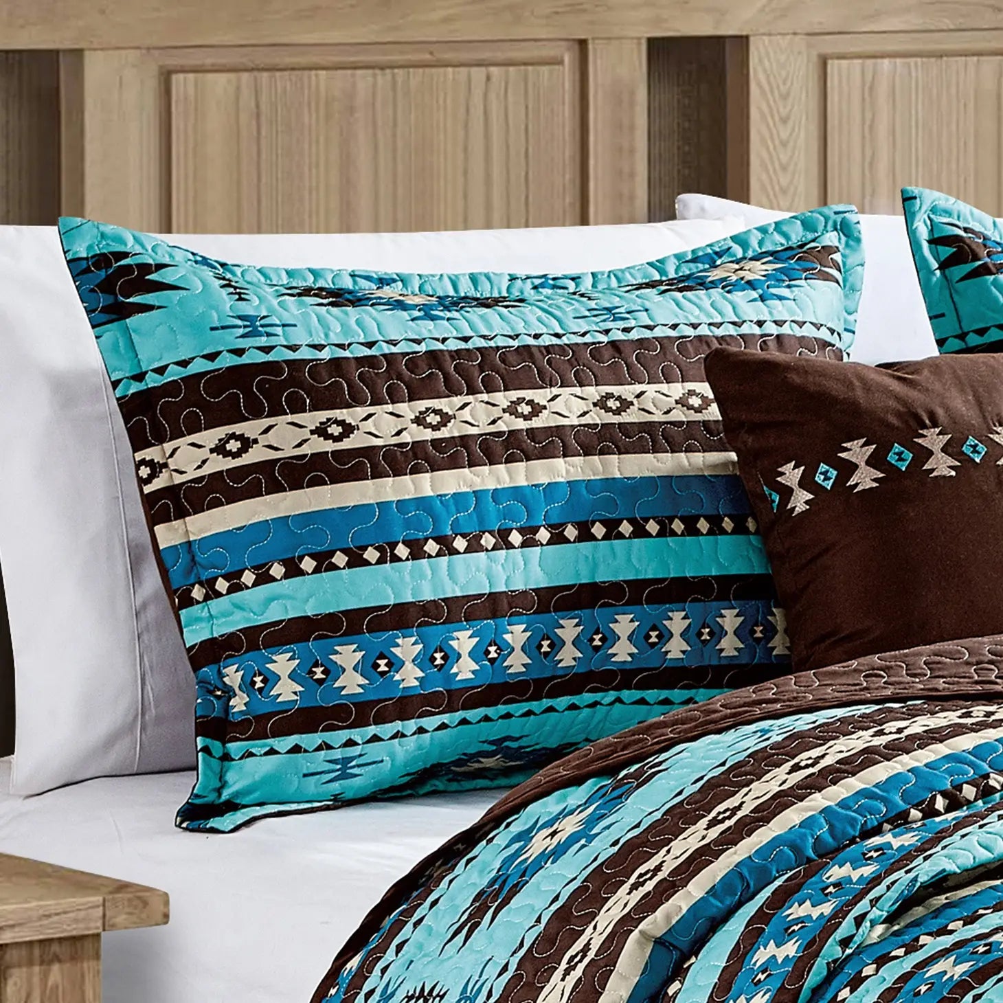 Southwestern Turquoise Tan Aztec Coverlet - 5 Piece Set-Linen Mart-Queen-Urbanheer