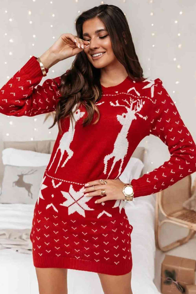 Reindeer Print Tunic Sweater Dress-UHX-Deep Red-S-Urbanheer