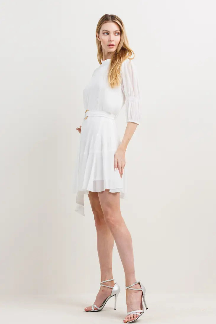 Pleats Effect Body Puff Sleeve Mini Dress-Neon Blush-S-Urbanheer