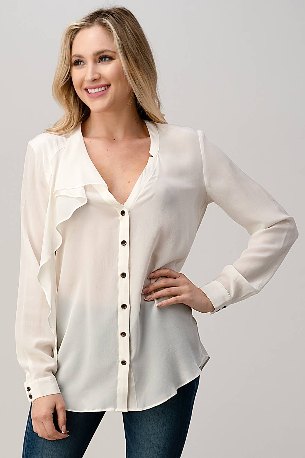 100% Silk Ruffled Neck Button Front Shirts Long Sleeves Top-MILEY + MOLLY-MEDIUM / IVORY-Urbanheer