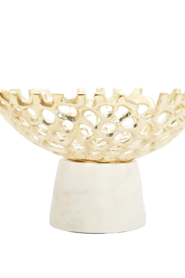Gold Web Design Bowl On White Marble Base 9.5"-CLASSIC TOUCH DECOR INC.-Urbanheer