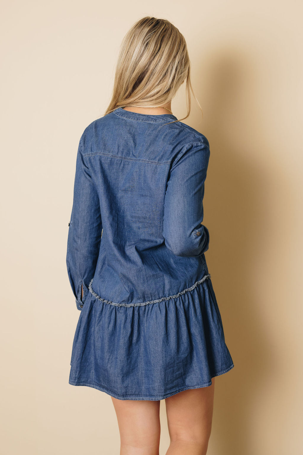 Almond Blossom Ruffle Denim Dress-UHXSW-S-Urbanheer