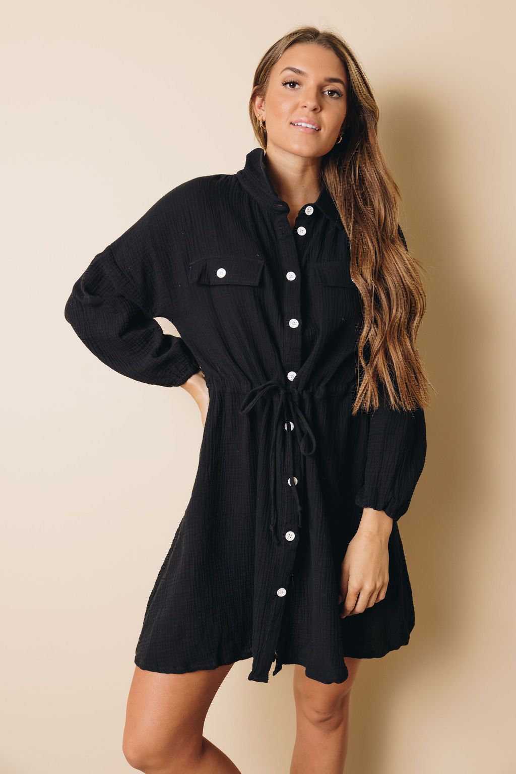 Jayma Button Up Tie Dress-UHXSW-BLACK-SMALL-Urbanheer
