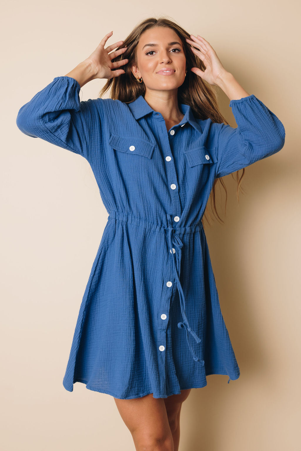 Jayma Button Up Tie Dress-UHXSW-BLUE-SMALL-Urbanheer