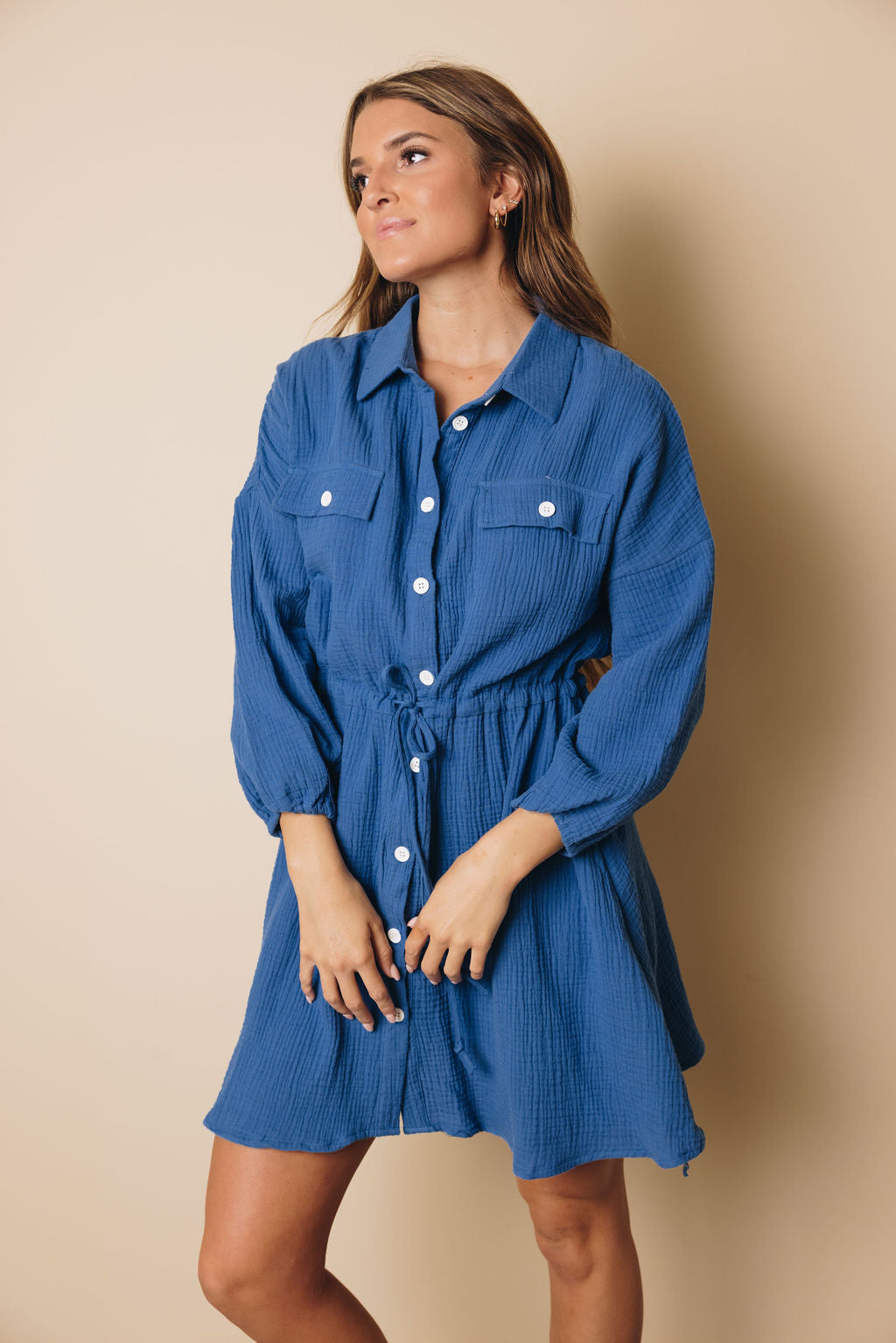 Jayma Button Up Tie Dress-UHXSW-BLUE-SMALL-Urbanheer