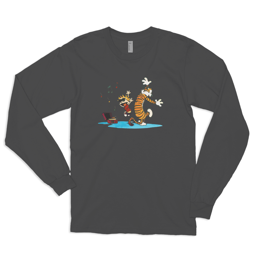 Calvin and Hobbes Dancing with Record Player Long Sleeve Shirt-Art-O-Rama-White-Small-Urbanheer