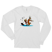 Calvin and Hobbes Dancing with Record Player Long Sleeve Shirt-Art-O-Rama-White-Small-Urbanheer