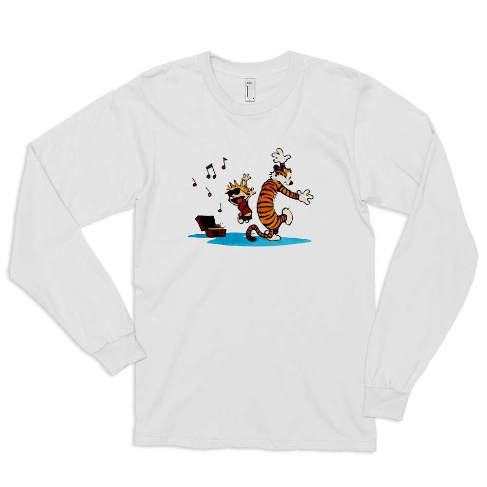 Calvin and Hobbes Dancing with Record Player Long Sleeve Shirt-Art-O-Rama-White-Small-Urbanheer