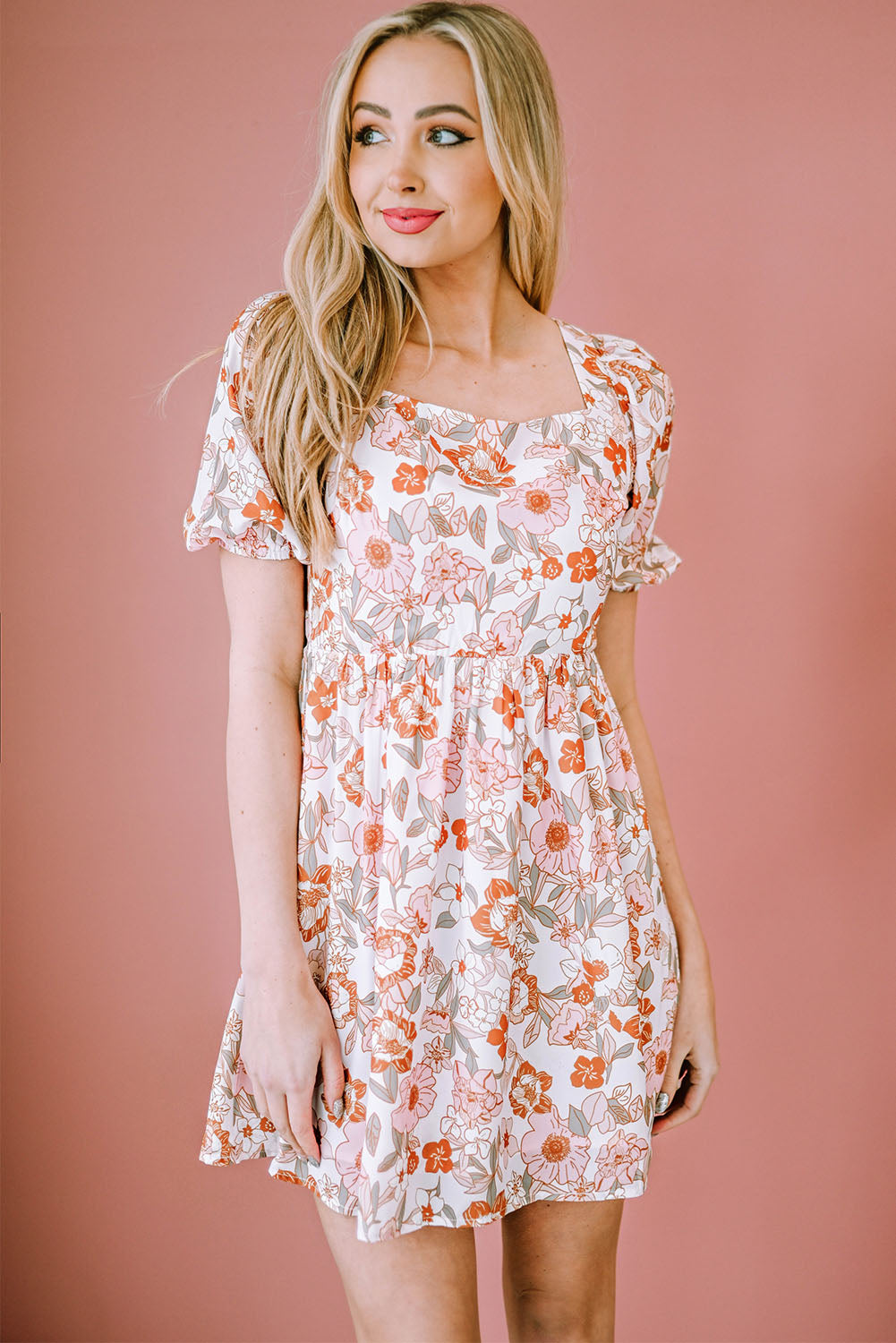 Floral Tie-Back Puff Sleeve Dress-Street 360-Blush Pink-S-Urbanheer