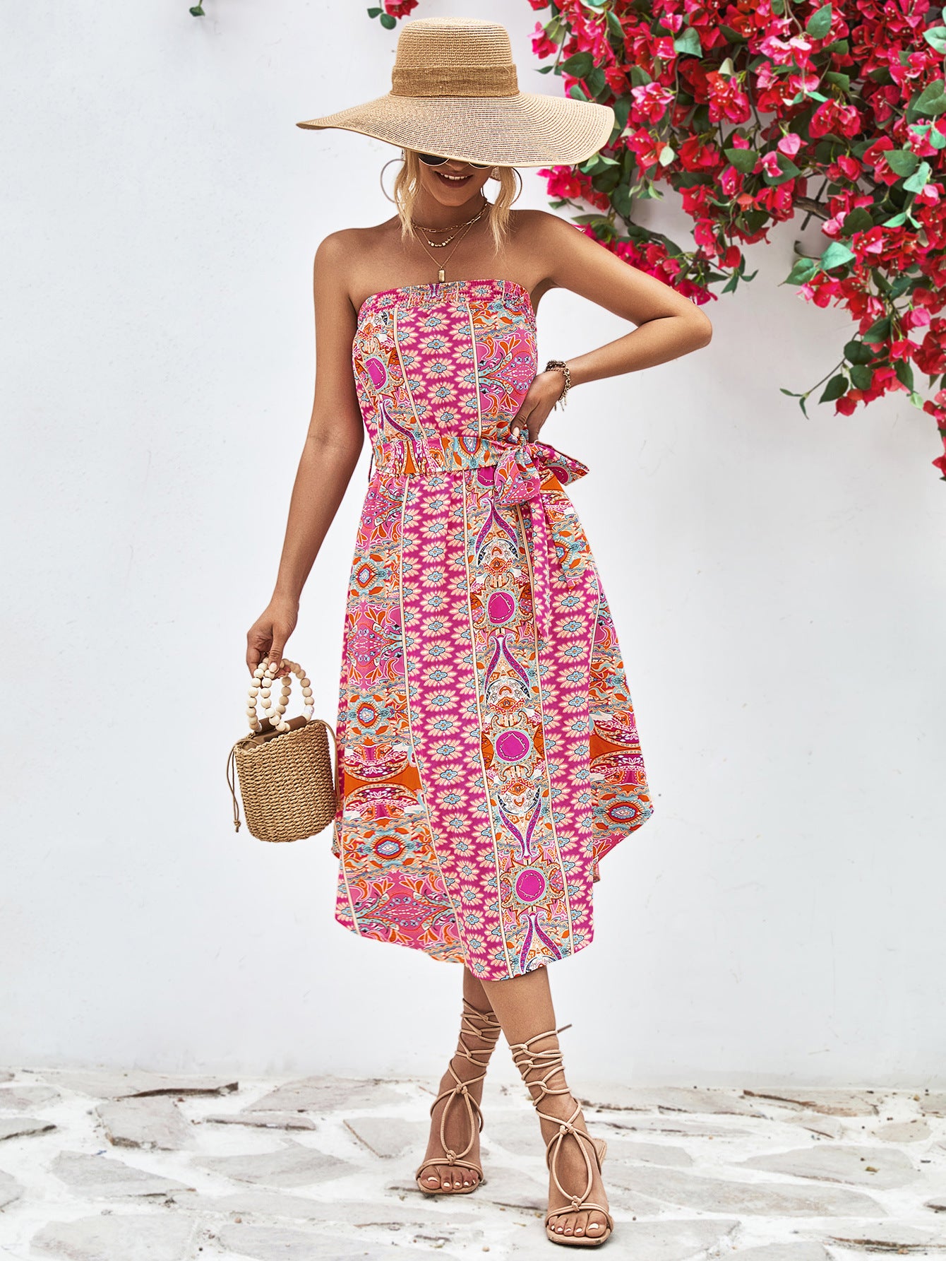 Printed Strapless Tie Belt Dress-Street 360-Hot Pink-S-Urbanheer