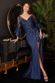Long Bell Sleeve Lace & Satin Gown-Mob-Tux-USA-M-Navy-Urbanheer