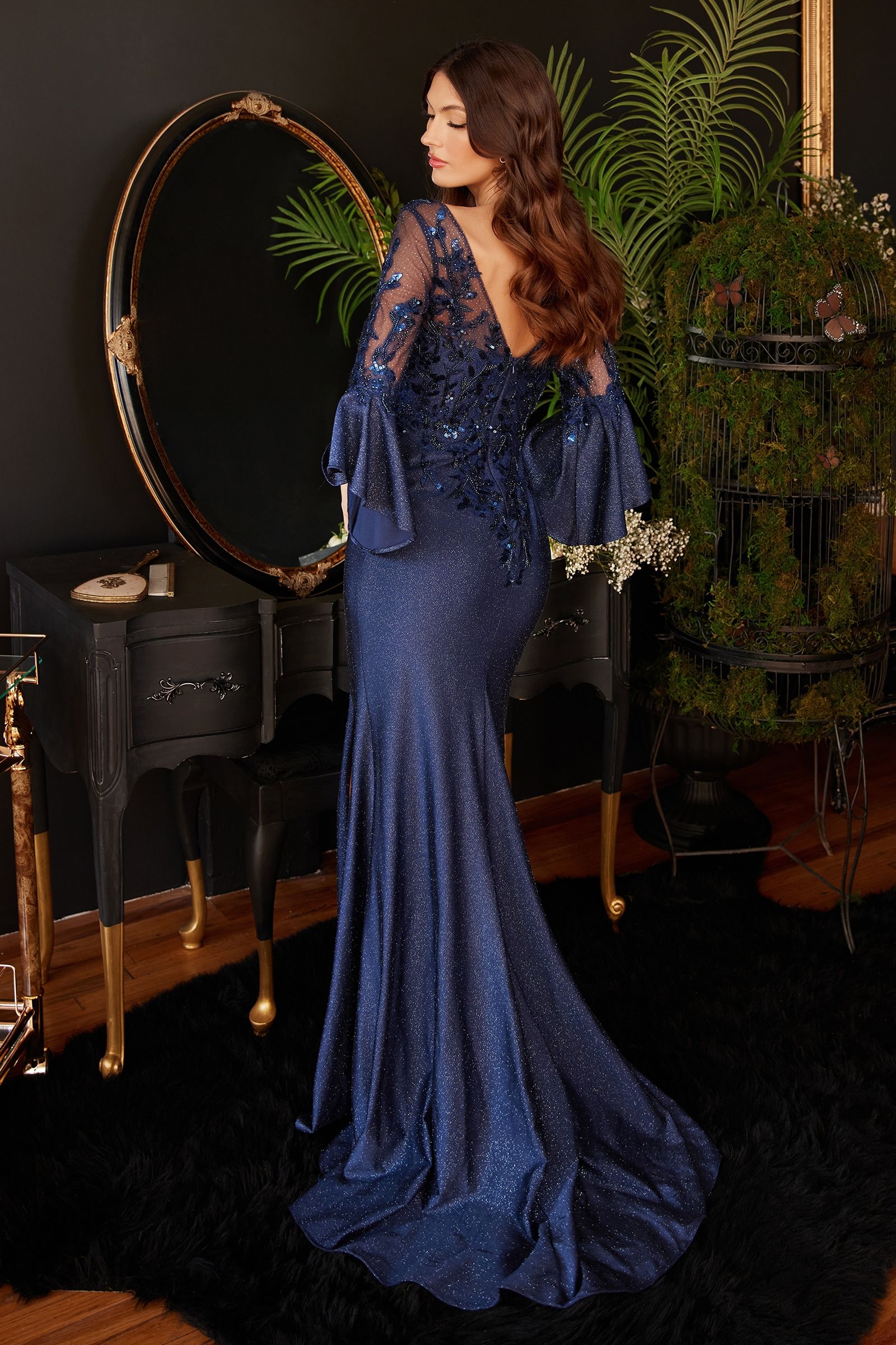 Long Bell Sleeve Lace & Satin Gown-Mob-Tux-USA-M-Navy-Urbanheer