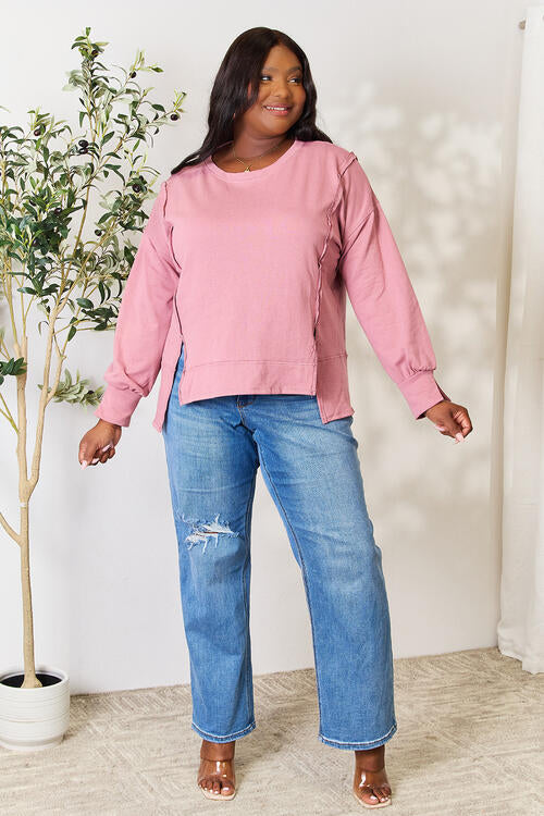 Culture Code Full Size Round Neck Exposed Seam Slit Top-Street 360-L. Red Bean-S-Urbanheer