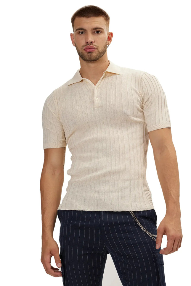Rt Ribbed Men'S Polo T-Shirt - Beige-Clothing - Men-Ron Tomson-Urbanheer