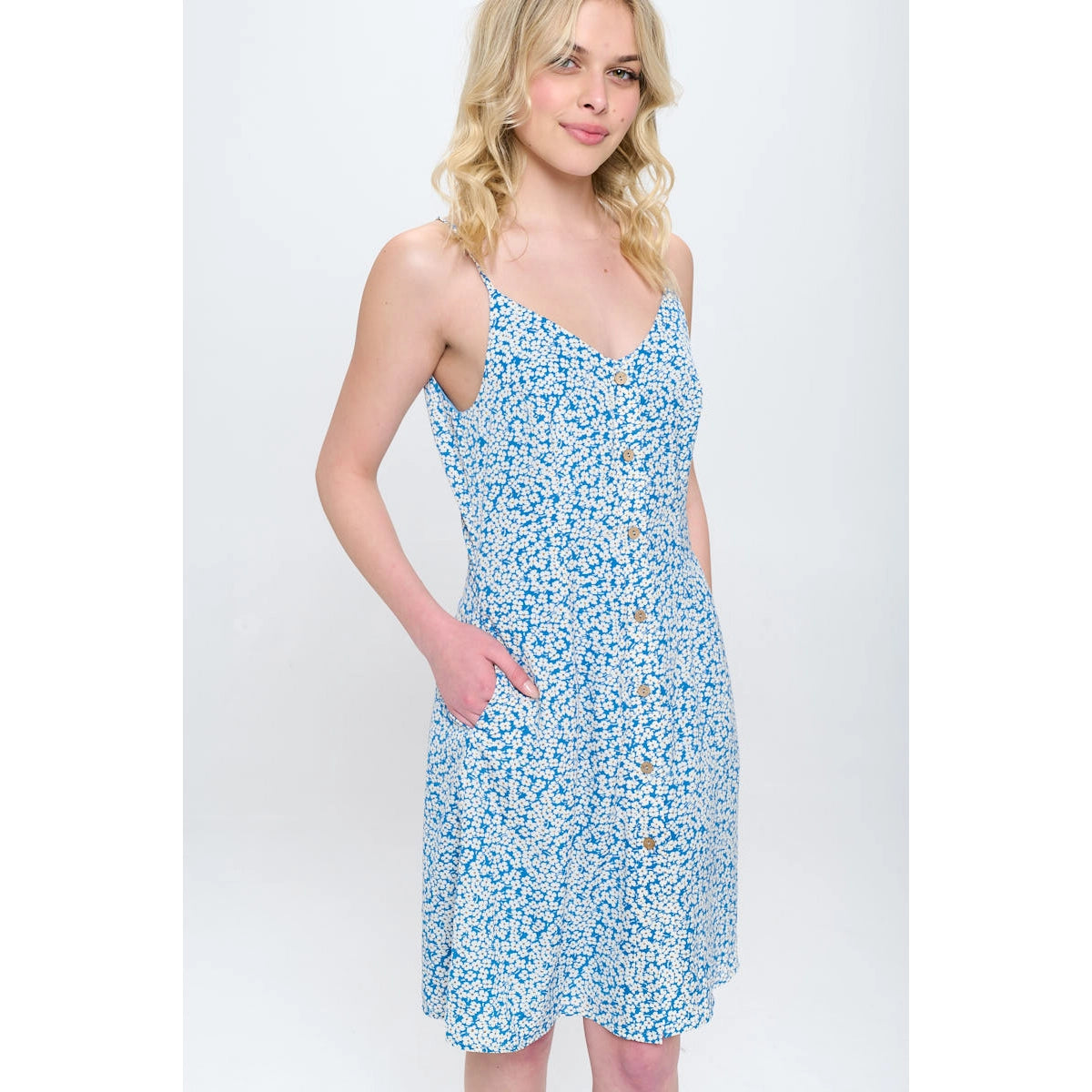 Blue Floral Spaghetti Strap Dress-SM WARDROBE-S-Urbanheer