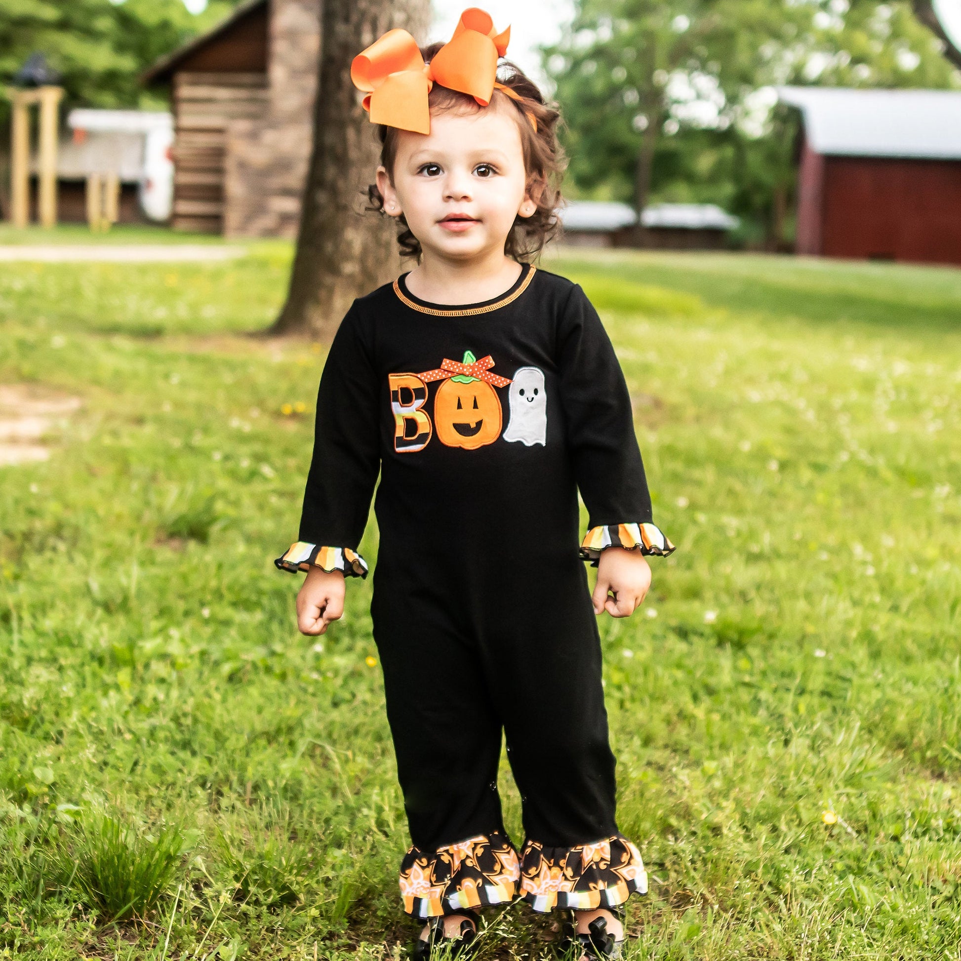AnnLoren Baby Girls Black & Orange Pumpkin Boo Halloween Autumn Holiday Romper-AnnLoren-6-12 Mo-Urbanheer