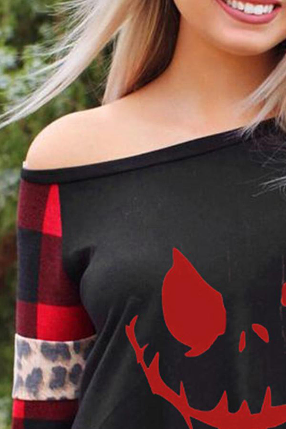 Black Halloween Leopard-printed-plaid-splicing-blouse-black-UHXC-Black-(US 4-6)S-Urbanheer