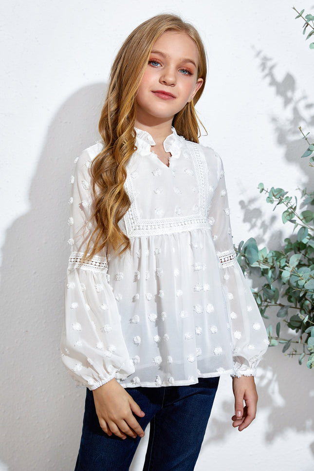 Girls Swiss Dot Spliced Lace Notched Blouse-UHX-White-4Y-5Y-Urbanheer