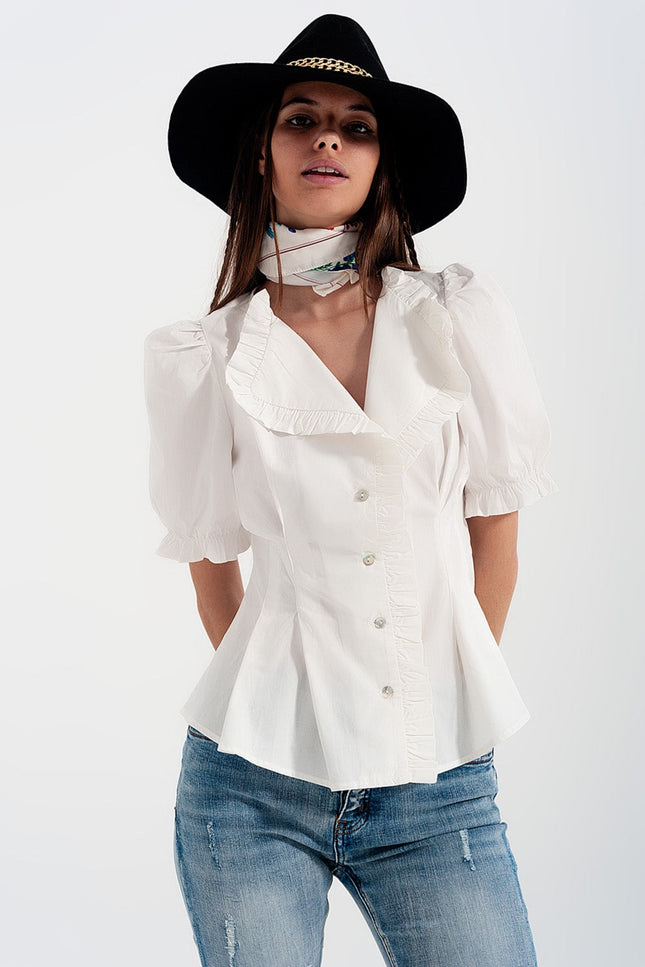 Poplin Frill Detail Wrap Blouse In Cream-Women's Fashion - Women's Clothing - Blouses & Shirts-Q2-Urbanheer