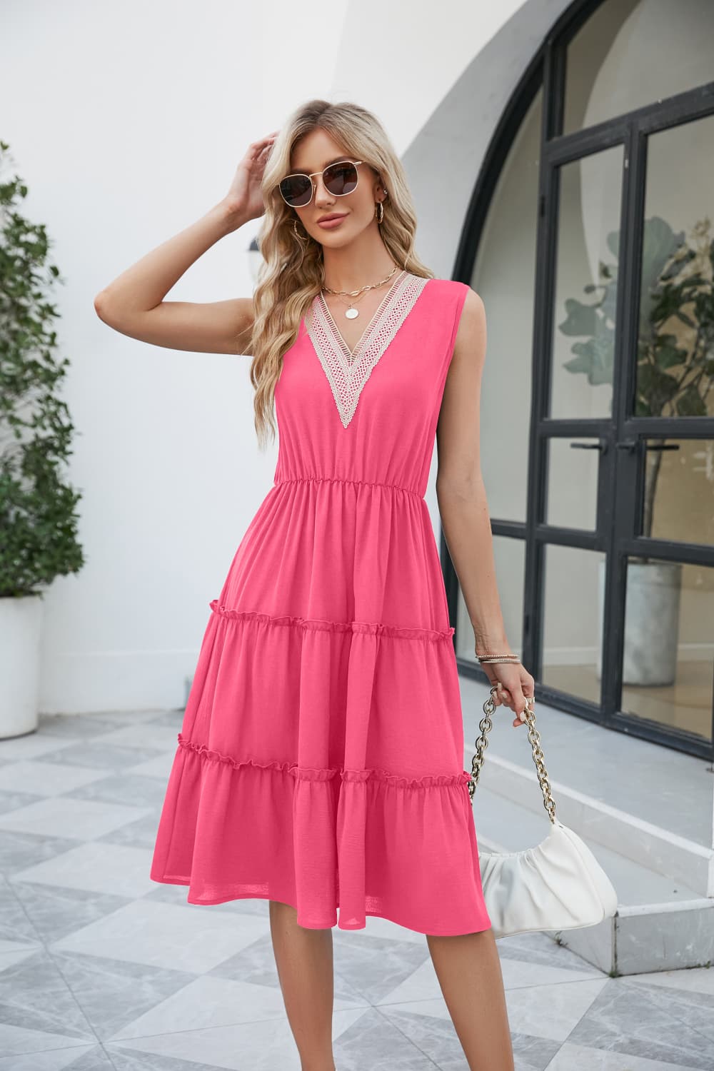 Contrast V-Neck Sleeveless Tiered Dress-Street 360-Rouge Pink-S-Urbanheer