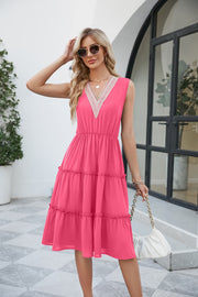 Contrast V-Neck Sleeveless Tiered Dress-Street 360-Rouge Pink-S-Urbanheer